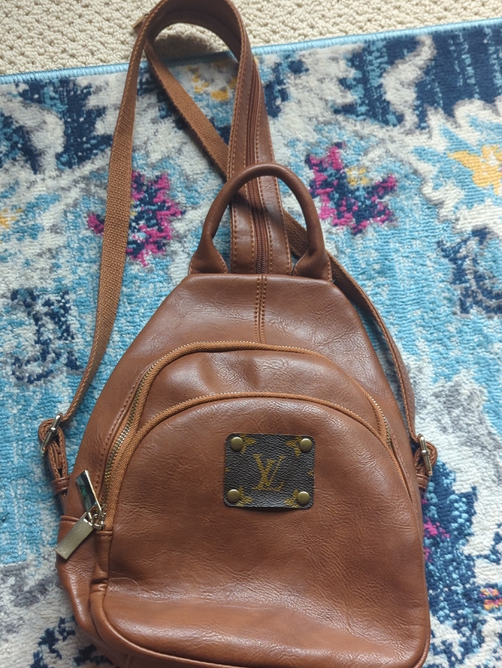 Brown Leatherette Women's Crossbody Backpack - Upcycled LV Patch